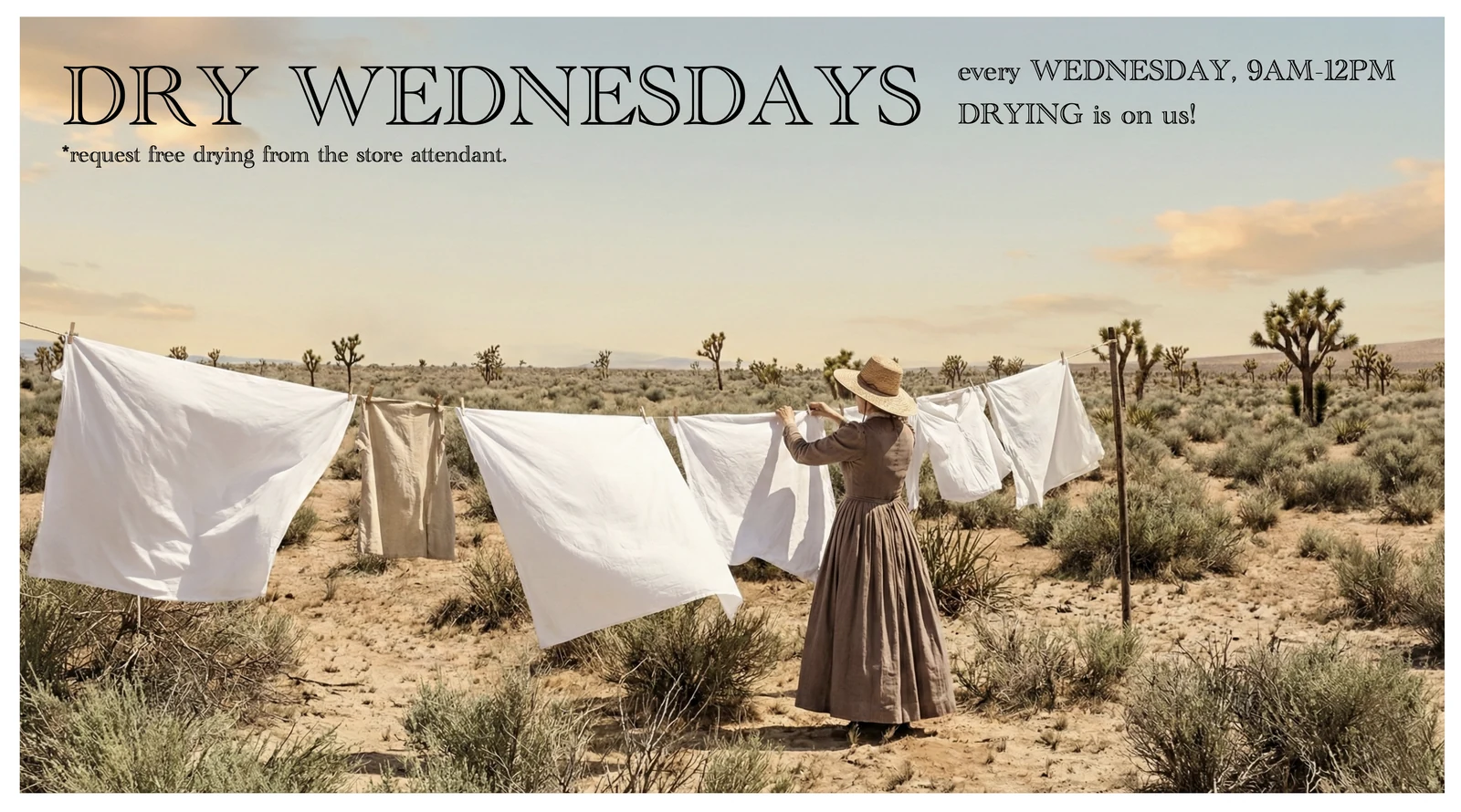 Dry Wednesdays: every Wednesday, 9AM to 12PM, drying is on us. Request free drying from the store attendant.